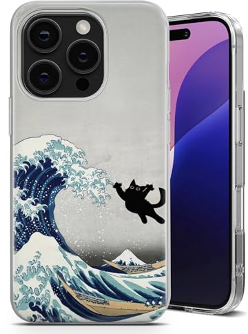 TULLUN Schwarze Katze Japanischen Niedlichen Lustigen Stil Handyhülle für iPhone 6,7,8,X,Xr,11,12,13,14,15,16,17, Air,e Serie | Transparente Stoßfeste TPU Schutzhülle – Die große Welle vor Kanagawa