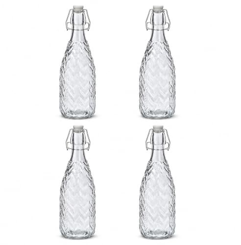 Pack 4 Botellas de Cristal 1L con Tapón Hermético Vidrio Transparente | Para Agua y Zumo, Apta para Nevera, Cierre Hermético, Vidrio Transparente, Ideales para Servir y Conservar Bebidas Frías