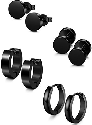 Jstyle 4 Pairs Hypoallergenic Black Stainless Steel Earrings For Sensitive Ears Simple Stud and Hoop Earrings Huggie Earring Set 18G