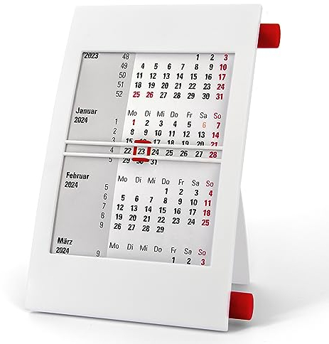 Truento 3-Monats-Tischkalender für 2 Jahre (2026 & 2027) - mit Drehmechanik - weiß/rot