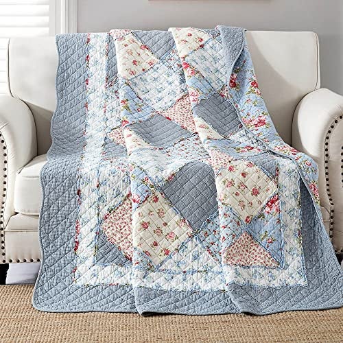VIVILINEN Blaue Baumwolle Patchwork Quilt Gesteppte Tagesdecke Überwurf Decke für Couch Twin Größe 150 X 200 cm Blumenüberzüge Weiche Gartenblumen Wendedecke Bettdecke für Bett Sofa Heimdekoration