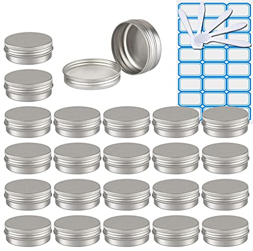 ZEOABSY 100 Pièces 40ml Pots en Aluminium Vide Rond Argent Petit Cosmétiques Pot Conteneurs for Fait Main Bougies Crème Baume Voyage, 10x Spatule, 4X Étiquettes