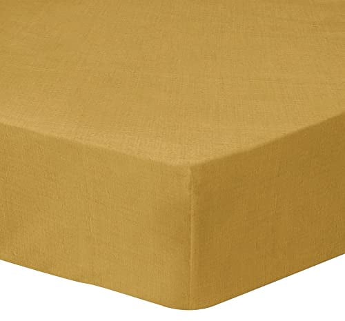 MATT & ROSE Drap Housse 140x190/200 cm Uni Lin LAVÉ | 100% Lin Lavé | Oeko-TEX | 140g/m² | Safran