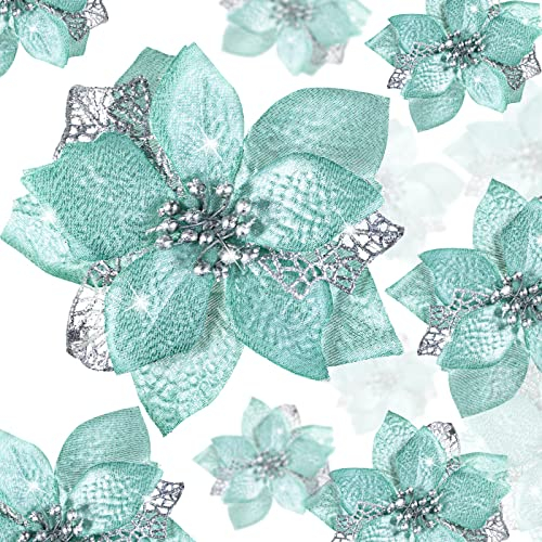 WILLBOND 36 Stücke Weihnachten Glitzer Künstliche Weihnachtsstern Blumen Weihnachtsblume Dekorationen Hochzeit Weihnachtsbaum Neujahr Ornamente (Blau-Grün)