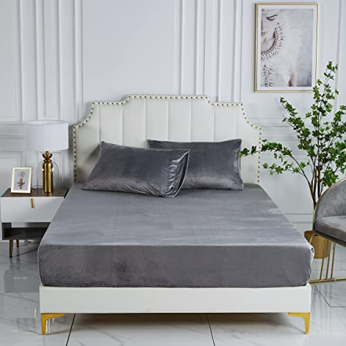 Damier Winter Spannbettlaken 140x200x30cm Grau Plüsch Bettlaken Flauschige Cashmere Touch Warme Spannbetttuch Geeignet für 30cm Matratze