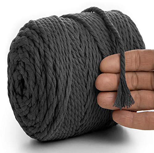 MeriWoolArt® Makramee Garn 6mm 100m Grau, Baumwollgarn Kordel, Dicke Macrame Cord für Makramee Wandbehang, Blumenampel, Vorhang und Mehr DIY Deco (Graphite, 6mm x 100m)