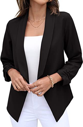 GRECERELLE Womens Blazer Suit Open Front Cardigan 3/4 Ruched Sleeve Casual Work Office Cropped Blazer Jacket for Ladies (Black, US 14= UK16-18)