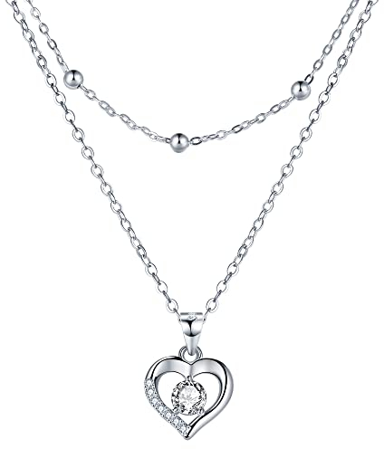 Lydreewam Love Heart Necklace for Women 925 Sterling Silver Double Layered Chain Necklace with Zirconia Birthday Mother's Day Valentine’s Day Jewelry Gift, Adjustable 40+5cm