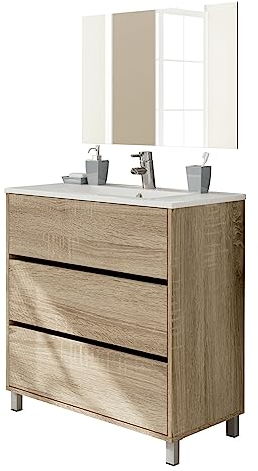 Muebles Pitarch | Conjunto Mueble de Baño con Espejo incluido, 80cm ancho, con Patas, 3 Cajones, Blanco, para Lavabo encastrado, estilo Moderno modelo Kalma