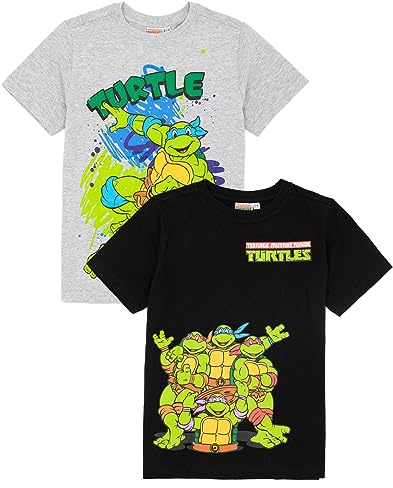 TEENAGE MUTANT NINJA Turtles T-Shirt 2 Pack Kids | Boys Girls Fighting Reptiles Leonardo Michelangelo Donatello Raphael Black and Grey Top