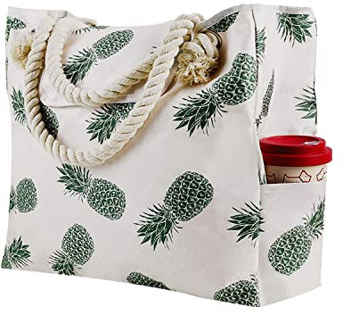 JFAN Strandtasche Damen Groß mit Magnetknopf Gestreifte Strandtasche XXL Familie Shopper 52 x 45 x 15 cm Ananas