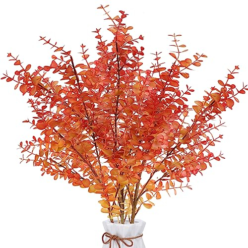 SLFYEE 3 Pcs Künstliche Eukalyptus Pflanze Runde Blätter Kunstpflanzen Herbst Eukalyptuszweige Orange Plastikpflanzen für Balkon Garten Herbst Hochzeit Party Vase Deko 80CM
