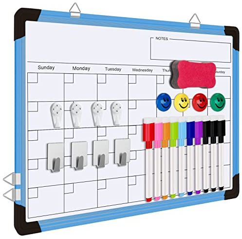 FINEW Whiteboard Magnetisch 40 x 30cm, Mini Whiteboard, Hängende doppelseitige Whiteboards mit Alurahmen inklusive, Magnettafel Kann für Schule, Liste, Zeichnen, Zuhause, BüRo, Küche (Blau)