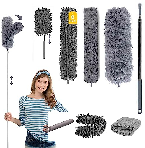 8PCS Plumeau Poussiere Telescopique Nettoyeur de Poussière Rétractable Gap Tete de Loup Plumeau Lavable et Léger Longueur 256cm pour Nettoyer Le Plafond,Toile d'Araignée,Ventilateur de Plafond,Voiture
