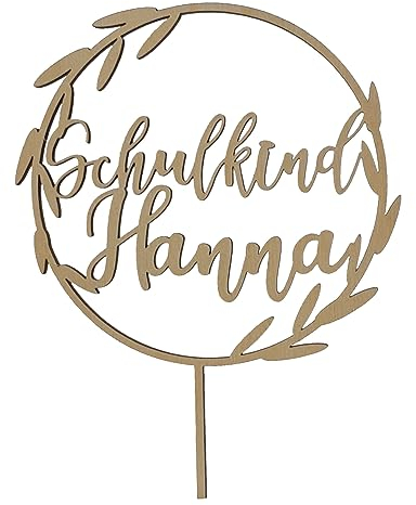 Einschulung Cake-Topper - Lorbeer-kranz Schulkind mit Wunschname – Tortenstecker aus Holz