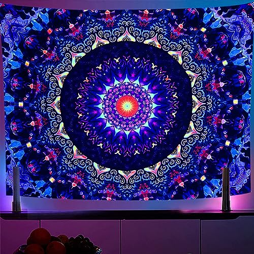 OSVINO Schwarzlicht Trippy Wandteppich Mandala 180X230CM UV-reaktiv Fantasie Tapisserie Ästhetisches Wanddeko für Wohnzimmer Schlafzimmer Boho Wandbehang
