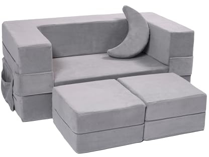 Elftopia Modular Kids Sofa,Toddler Couch Foam Armchair for Kids, Children Convertible Plush Sofa Play Set,Fold Out SofaBed(Grey)