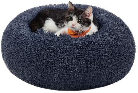 Feandrea Hundebett flauschig, Katzenbett, Donut Kissen, waschbar, Polsterung in der Mitte herausnehmbar, Langer Plüsch, 40 cm Durchmesser, dunkelgrau PGW036G02