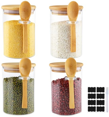 Mezzar Vorratsgläser mit Deckel und Löffel, 4er Set 500ML Glasbehälter Vorratsdose für die Aufbewahrung von Trockenwaren,Gewürzen,Tee,Nüssen,Samen, Nudeln, Mehl, Kaffeebohnen