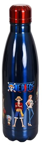 Elbenwald Bouteille d'eau One Piece - 780 ml avec logo et motif de l'équipage, bouteille d'eau avec bouchon à vis, hauteur de 26 cm - Acier inoxydable/Bleu foncé