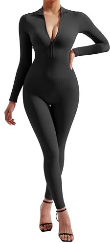 DOULAFASS Unitards for Women Ribbed Long Sleeve Zip Up Jumpsuit Seamless Yoga Romper All In One