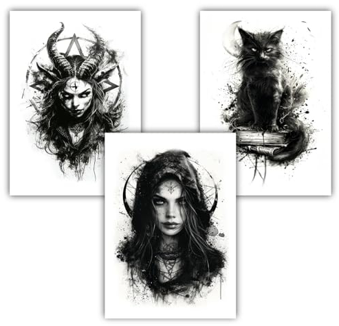 Samunshi® 3x Poster Hexen Kunstdruck Set mit Dämonen Ritual Katze Motiven Bilder für Jugendzimmer Deko Geschenk DIN A4 21x29,7cm