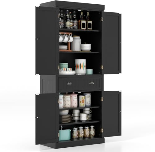 GiantexUK 183cm Tall Kitchen Cupboard, 4-Door Freestanding Pantry Cabinet with Adjustable Shelf, Drawer & Anti-Toppling Device, Wooden Storage Cupboard for Dining Room (without Door Racks, Black)