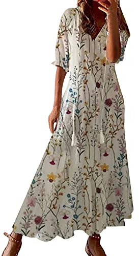 Modaworld Robe Longue Ete Boheme Maxi Robe d'été pour Femme Boho Maxi à Lacets Robes de Soirée Élegante col en V évasé à Volants Robes de Plage Décontractée San Manches Cocktail Chic