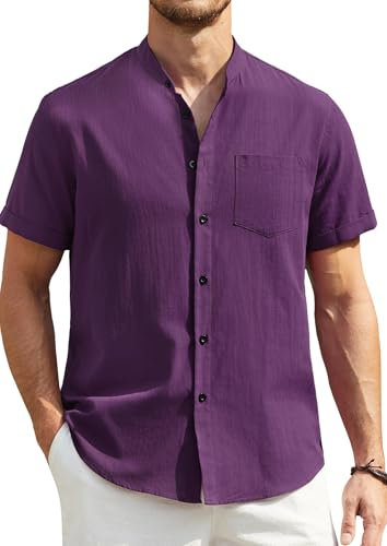 Enlision Camicia Uomo Maniche Corte Estiva Camicia Lino Collo Coreana Uomo Viola Henley Shirt con Bottoni Camicie di Lino Cotone per Estiva Mare Spiaggia XXL