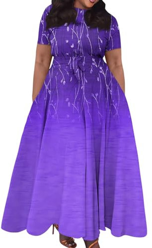 Robe De Cérémonie pour Femme Ronde Femmes éTé Robe Extra Longue Chic éLégant Robe Vintage Robe De Soirée De Réception De Mariage Robe Plus Taille Décontractée avec Poche Violet 4XL
