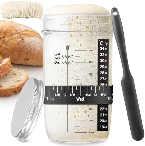 zunmial Sourdough Starter Jar 34oz/1000ml, Glass Sourdough Starter Kit with Date Feeding Band, Thermometer, Cloth Cover & Metal Lid, Reusable Sourdough Bread Baking Supplies