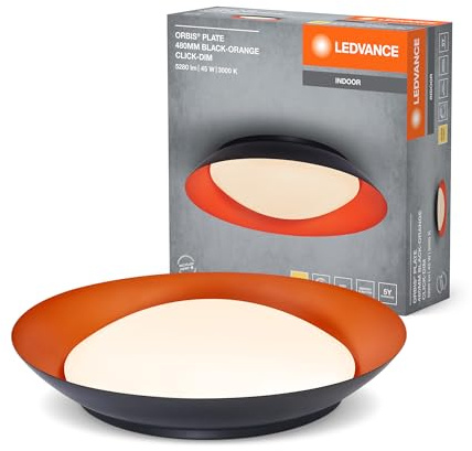 LEDVANCE Orbis Plate LED-Deckenleuchte, schwarz-orange, 45W, 2200lm, 3000K, 480mm, 830 freundliches Warmweiß, durch Kicken in 3-Stufen dimmbar, IP20 Schutz, Montageschrauben und Dübel inklusive
