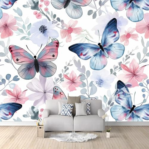 Fototapete Aquarell Schmetterling Rosa Blau 350x256 cm Tapete Wandtapete Wanddeko Design Mustertapete Wand Dekoration Wohnzimmer Schlafzimmer Büro Flur