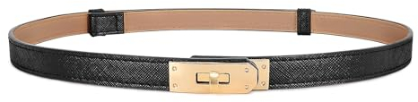 CuteV Schmaler Damen Ledergürtel Verstellbarer Dünner Taillengürtel Schmal Gürtel mit Silber Goldener Schnalle Drehverschlussgürtel für Kleider Jeans Hosen Mäntel,Schwarz-Gold 105cm