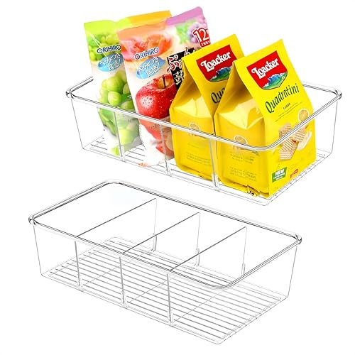 Eidoct 2 Pack Food Storage Organizer Bins, Organiser Bins Stackable Storage Container with Removable Divider, Clear Plastic Bins for Pantry, Kitchen, Fridge, 4 Compartment Holder Packets