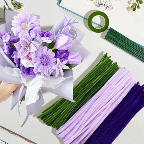 ROEOWENE 300PCS Pfeifenputzer zum Basteln Lila Pfeifenreiniger Blumen Set Bastel Chenilledraht 30CM Pipe Cleaners Craft Pfeifenputzerdraht Biegeplüsch Basteldraht Bastelzubehör für DIY Bastelset