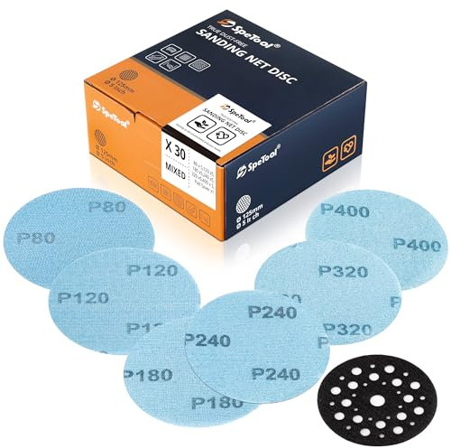 SpeTool 5 Inch Sanding Disc Net Mix-Pack, Grits 80, 120, 180, 240, 320, 400, Ceramic Aluminum Oxide 30 Pieces Mesh Sandpaper, Dustless Hook and Loop Design for Wood, Drywall, Matel Processing