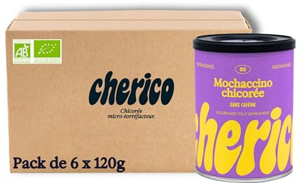 Cherico Chicorée bio Mochaccino Cacao et céréales - Pack de 6 x 80g | Chicorée soluble et chocolat chaud, Riche en fibres, Origine végétale, Notes caramel et noisettes, ≈20 tasses par boîte
