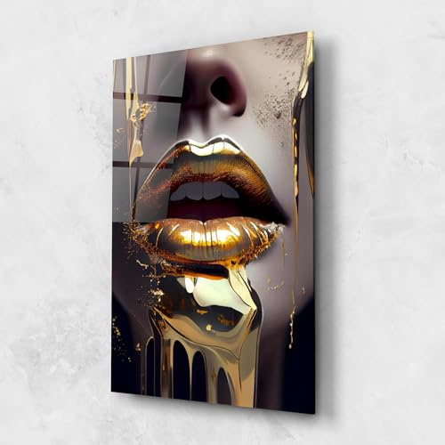 ARTHUB® Glasbild 60x100 cm, 4mm ESG | Moderne Wandbilder aus Glas für Wohnzimmer & Schlafzimmer, Wanddekoration, Wohnkultur, Frauen, Glamorous Gold Lips