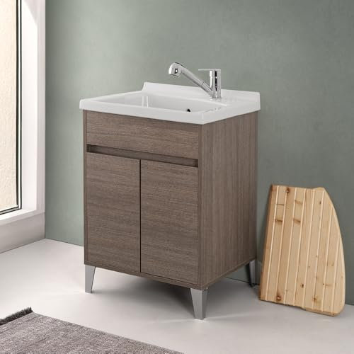 Mobile Lavatoio 60x50 Cm Rovere Scuro Way Con Vasca In Ceramica Dolomite, Struttura Già Montata In Legno Nobilitato Con 2 Ante E Apertura A Gola Asse Non Inclusa