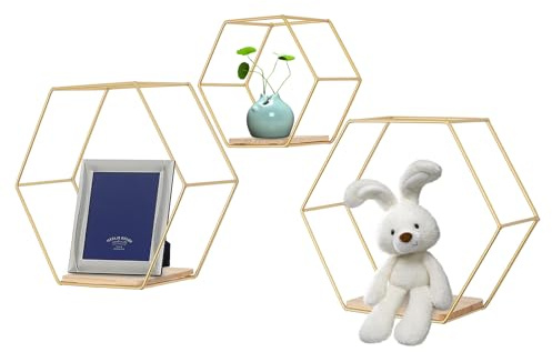 Owneed Hexagon Wandregal Metall 3er Set, Wanddeko Hängeregal Schweberegal in 3 Größen, Sechseck Regale für Wanddeko in Wohnzimmer-Schweberegale (Gold)