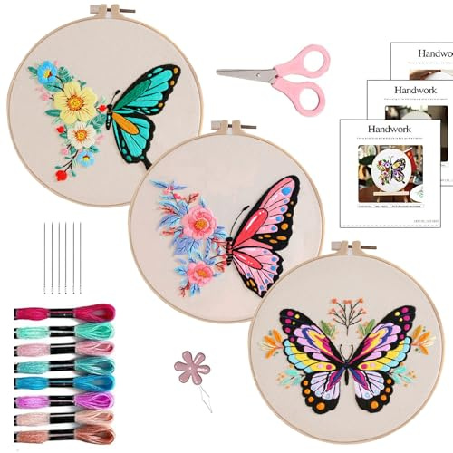 FUZVOL 3 PCS Embroidery Starter Kit with Hoop & Tools DIY Cross Stitch Craft Set for Adults, Ideal Stitching & Sewing Gift, Includes Cross Stitch Accessories, Perfect for Beginners (Blue+Green+Pink)