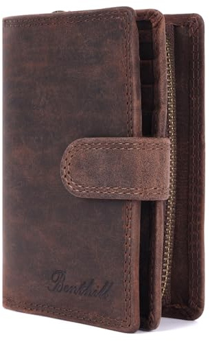 Benthill Portemonnaie Echt-Leder | Damen Geldbeutel mit RFID Schutz | Frauen Geldbörse Leder | Vintage Damenbörse inkl. Geschenkbox, Farbe:Dark Brown (H)