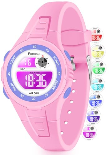 Facasu Montre Numérique Enfants Filles Garçons,50M étanche avec Lumière Colorée,Chronomètre,Alarme,Fonctions 12/24 h,Cadeau pour Enfants de 4 à 15 Ans