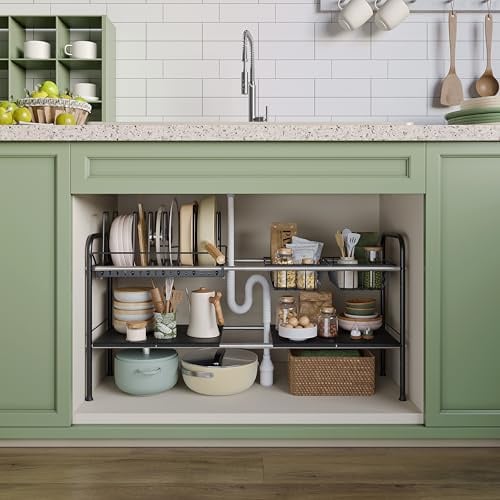 NETEL Expandable Under Sink Organiser and Storage, Pots and Pans Organiser Under Kitchen Cabinet, Pan Organisers for Cupboard, Expandable Cabinet Storage Shelf with Pan Rack and 7 Dividers