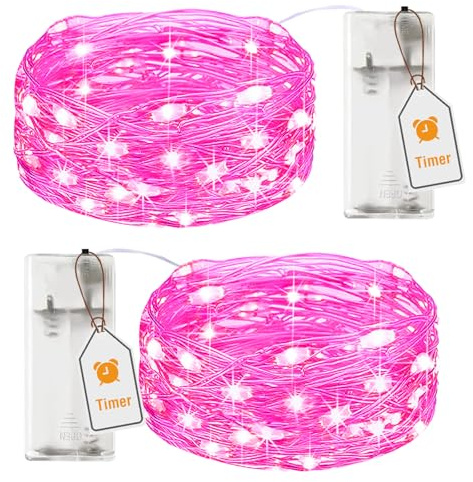 btfarm 2 Stück Lichterkette Batterie mit Timer, 2M 20LED Lichterkette Innen | Silberdraht, Mirco Draht, Batteriebetrieben, für Party Schlafzimmer Weihnachten Tisch Hochzeit Halloween Deko, Rosa