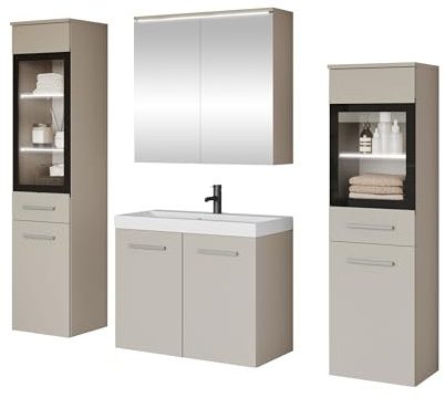 Mirjan24 Badmöbel Set Madrit II mit Waschbecken und Siphon, Komplettprogramme für Spiegelschrank, Waschtisch, Hochschrank (Cashmerebeige, mit weißer LED Beleuchtung)