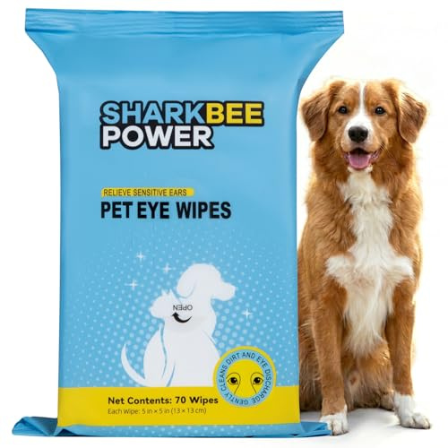 SHARKBEEPOWER Bamboo Pet Eye Wipes for Dogs & Cats, Remove Tear Stains & Discharge, Daily Eye Cleaning for Clear & Bright Eyes (70 Wipes)