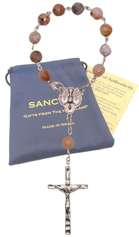 SANCTRA Auto-Rosenkranz, handgefertigt und im Heiligen Land gesegnet, Gebetsperlen mit Heiligenmedaille und Kruzifix, Geschenkbeutel und Echtheitszertifikat, Rosenkranz für Rückspiegel/Schalthebel