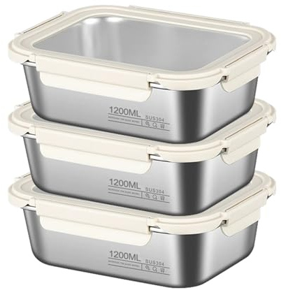 CECOMBINE Pack Stainless Steel Food Containers with Lids, Stackable Meal Prep Containers, Leak-Resistant Metal Lunch Boxes with Secure Clips for Kitchen, Office & Snacks,1200ml
